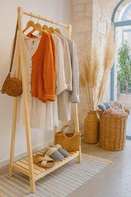 Resim pinoxi Konfeksiyon Askılık Doğal Ahşap Ayaklı Elbise Askılığı Gardrop Raf 125x86x38 Cm 
