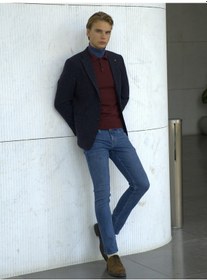Resim Erkek Yün Ceket Nopeli Mono Yaka Torba Cep Çift Yırtmaç Slim Fit Ceket Ncs Jeans 4003-Lacivert 