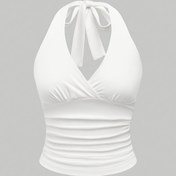 Resim Kadınların Yazlık Düz Renkli Halter Boyunlu V-Boyunlu Üst - Rahat, Bağcıklı, Ruched Detaylı, Kolsuz, Kısa, Her Gün Moda Üst|Rahat Tarz|Ruched Üst 