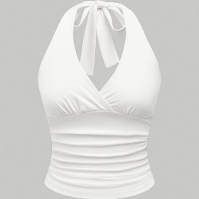 Resim Kadınların Yazlık Düz Renkli Halter Boyunlu V-Boyunlu Üst - Rahat, Bağcıklı, Ruched Detaylı, Kolsuz, Kısa, Her Gün Moda Üst|Rahat Tarz|Ruched Üst 