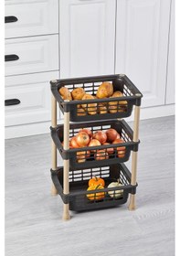 Resim 3 Katlı Plastik Sebzelik Patates Soğanlık Mutfak Düzenleyici Saklama Rafı, Sebze Meyve Organizer Kahverengi 