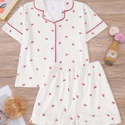 Resim Tanyun Sevimli Karikatür Baskılı Beyaz Kiraz Çiçekli Pijama - Yanıcıya Dayanıklı, Kısa Kollu, Düğmeli, Hafif Yazlık Giyim Kızlar İçin, 2 Parça Set, Düzenli Kesim, Tüm Mevsimler İçin Rahat Uyku Giyim|Oyuncağı Baskı Tasarımı|Kısa Kollu Üst, Çocuk Pijamaları 