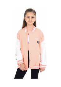 Resim Toontoy Kız Çocuk Kolej Yaka Çıtçıt Kapama Cepli Düşük Omuz Nakış Baskılı Renk Bloklu Örme Hırka - 2 İplik Şardonlu Somon 