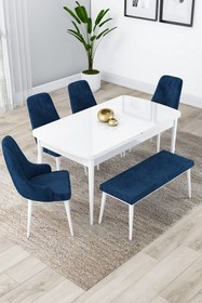 Resim Canisa Lia Serisi 80x132 Açılabilir Mutfak Masası Takımı Beyaz Masa 4 Lacivert Sandalye 1 Bench 