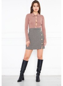 Resim Darlin Moda Kahverengi Düğme Detaylı Tweed Mini Etek DM 2002 Kahverengi 