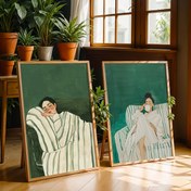 Resim 2 Adet Soyut Karakter Duvar Sanatı Baskıları, Yeşim Yeşili Şeritli Kadın Tuval Poster, Minimalist Büyük Sanat Duvar Dekoru, Kahve Aşk Posterleri, Bahar Dekorasyonları, Oturma Odaları, Yatak Odaları, Kafeler, Barlar, Ofisler, Koridorlar ve Ev Odası Dekor Sanatı Parçaları, Çerçevesiz. 