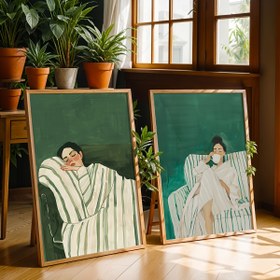 Resim 2 Adet Soyut Karakter Duvar Sanatı Baskıları, Yeşim Yeşili Şeritli Kadın Tuval Poster, Minimalist Büyük Sanat Duvar Dekoru, Kahve Aşk Posterleri, Bahar Dekorasyonları, Oturma Odaları, Yatak Odaları, Kafeler, Barlar, Ofisler, Koridorlar ve Ev Odası Dekor Sanatı Parçaları, Çerçevesiz. 