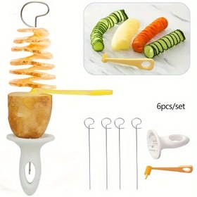 Resim 6'lı çok fonksiyonlu spiral patates dilimleyici, çakmak taşı veya magnezyum çubuksuz paslanmaz çelik manuel tornado sebzeli kesici, barbekü, kamp mutfak araçları için uygun 