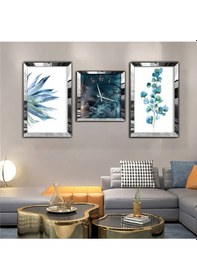 Resim MAVİ ÇİÇEK AYNALI GÜMÜŞ PLEKSİ ÇERÇEVELİ MDF TABLO VE SAAT SETİ 