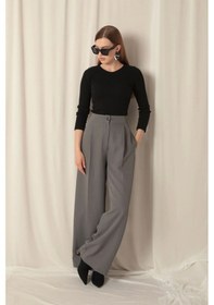 Resim Saklımoda Atlas Kumaş Palazzo Kadın Gri Pantolon Çok Renkli 