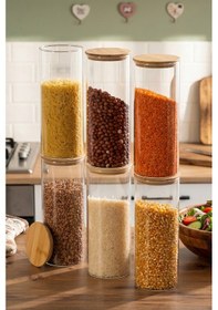 Resim Porsima 3-3 Bambu Vakumlu Kapaklı Yuvarlak Cam 6lı Kavanoz Seti Saklama Kabı 1650ml 10x25cm Cam - Şeffaf 