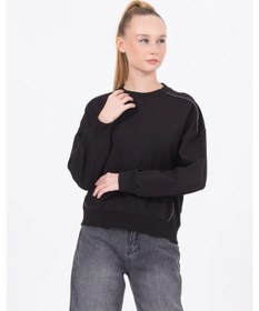 Resim Kız Çocuk Sim Şeritli Taşlı Yarasakol Sweatshirt-13468 Siyah 