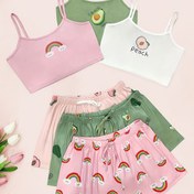 Resim 3 Takım Gökkuşağı ve Meyve Baskılı Pijama Takımı, Crew Neck Cami Üstü ve Elastik Bel Şort, Kadınların Uyku ve Rahat Giyim 