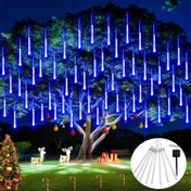 Resim Akıllı Anahtarlı Güneş Ihlamur Meteor Işıkları, 192/288LEDs Düşen Yağmur Damlası Işıkları, IP44 Akıllı Algılama-İçme Algılama Halloween Noel Festivali Ticari Aydınlatma, Meteor Şövalyesi Yağmur Işıkları Düşen Kar Yağışı Işıkları Açık Ağaç Bahçe Partisi için 