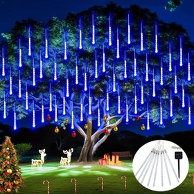 Resim Akıllı Anahtarlı Güneş Ihlamur Meteor Işıkları, 192/288LEDs Düşen Yağmur Damlası Işıkları, IP44 Akıllı Algılama-İçme Algılama Halloween Noel Festivali Ticari Aydınlatma, Meteor Şövalyesi Yağmur Işıkları Düşen Kar Yağışı Işıkları Açık Ağaç Bahçe Partisi için 