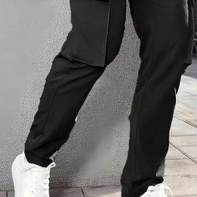 Resim Erkekler için Bol Cep Pantolonu - Siyah, Polyester, Esnek Olmayan, Tüm Mevsimler İçin, Düzenli Kesim, Çoklu Cep, Rahat Spor Stili, Dış Mekan Aktivite Pantolonu|Düz Kesim Pantolon|Dayanıklı Rahat Giyim 