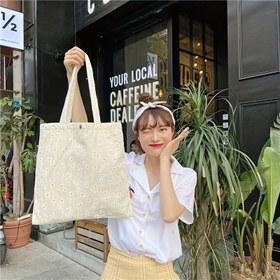 Resim Daisy Nakışlı Kanvas Tote Çanta - Sabit Askılı Şık Çiçek Desenli Omuz Çantası, Kadınlar İçin Tekrar Kullanılabilir Alışveriş/Hediye Çantası, Anneler Günü, Düğünler ve Geri Dönüşler İçin Mükemmel, Kadınlar İçin Sevimli Tote Çanta 