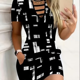 Resim Kadınlar İçin Siyah Beyaz Geometrik Desenli Bodycon Elbise - Yuvarlak Yaka Kısa Kollu Yazlık Abstrakt Desenli, Makinede Yıkanabilir, Şık Günlük ve Yarı Resmi Giyim 