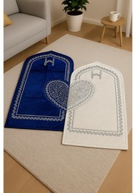 Resim Beyza 2 Li Mavi Krem Kadife Çift Nakışlı Kalpli Süngerli Seccade Çeyizlik Bohça Namazlık Siyah 