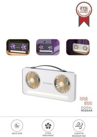 Resim Torima F-23 Beyaz LED Işıklı Çift Fanlı Mini Masaüstü Vantilatör 1200mAh Şarjlı Taşınabilir Fan 