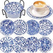 Resim 8 adet 5D Elmas Boyama Kiti, Stand ile Uygun, Başlangıçlar ve Yetişkinler için DIY Elmas Boyama Sanatı, Mavi ve Beyaz Porselen Stili Çiçek Desen Serisi, Bir Mutfak Masası Dekorasyonu Aynı zamanda El Yapımı Sanat Eseri, İdeal Hediye 