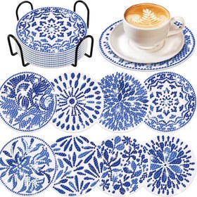 Resim 8 adet 5D Elmas Boyama Kiti, Stand ile Uygun, Başlangıçlar ve Yetişkinler için DIY Elmas Boyama Sanatı, Mavi ve Beyaz Porselen Stili Çiçek Desen Serisi, Bir Mutfak Masası Dekorasyonu Aynı zamanda El Yapımı Sanat Eseri, İdeal Hediye 