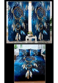 Resim Düşkapanı Çift Kişilik 4 Parça Nevresim Takımı 2 Adet Fon Perde 