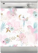 Resim Bulaşık Makinesi Sticker Kaplama Beyaz Eşya Kaplama Pembe At Ve Kuş 