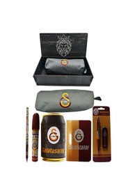 Resim Galatasaray Orjinal Lisanslı Siyah Kutu Kalemtraş Ahşap Kutulu 6'lı Kırtasiye Seti Gri 