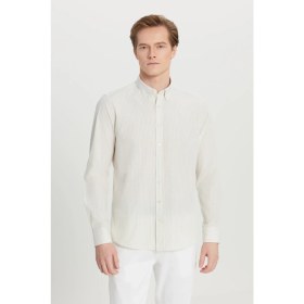 Resim Altınyıldız Classics Erkek Beyaz-Bej Pamuklu Tailored Slim Fit Dar Kesim Düğmeli Klasik Yaka Çizgili Gömlek 