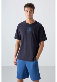 Resim Tommy Life Lacivert Pamuklu Kalın Yumuşak Dokulu Oversize Fit Baskılı Erkek T-shirt - 88333 Lacivert 