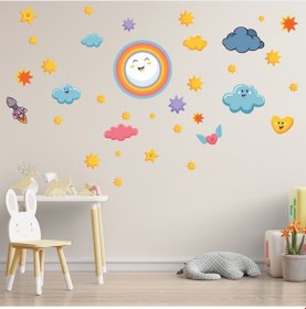 Resim Sevimli Bulutlar Gökkuşağı Ve Yıldızlar Duvar Sticker Seti 