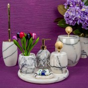 Resim MIARIK DESIGN & DEKORASYON Dekoratif Leylak Mermer Banyo Seti Takımı 7 Li Pirinç Detaylı Tasarım Set 