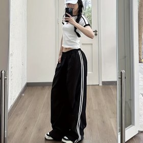 Resim Yan Çizgili Yüksek Bel Geniş Paça Kadın Pantolonu - Rahat Kesim Yazlık Pantolonlar, Makinede Yıkanabilir, Cepli, Düz Siyah, Günlük Yaz Giyimi | Rahat Moda Pantolonları 