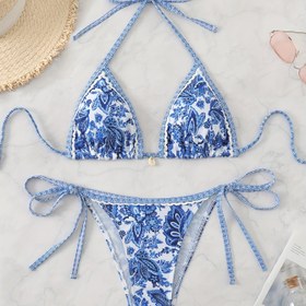 Resim UFJUFJ Kadınlar için Bağcıklı Alt Katmanlı Halter Bikini Seti - Seksi Sırtı Açık Mayo, Yüksek Esneklikli Kumaş, Mavi ve Beyaz Çiçek Deseni, Bağcıklı Detay, Plaj veya Havuz Kenarı için Mükemmel 