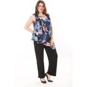 Resim Kadın Büyük Beden Lacivert Şifon Pelerinli Tulum 65n37909-lacivert Lacivert 