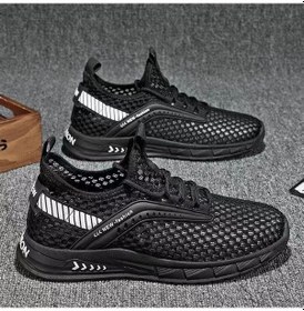 Resim Siyah Örgü Ayakkabı Erkek Ayakkabıları Yaz Delikli Örgü Koşu Ayakkabıları Moda Çok Yönlü Rahat Ayakkabılar Düşük Üst Nefes Alan Spor Ayakkabı Siyah 
