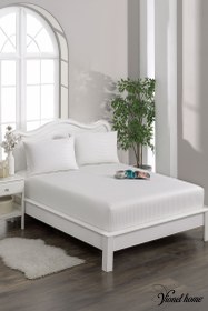 Resim %100 Pamuk Çizgili Saten Tek / Çift Kişilik Lastikli Çarşaf Seti - 120x200 / Beyaz 