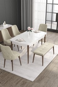 Resim Canisa Concept Roy Serisi 80x132 Mdf Beyaz Masa Ceviz Ayak Masa Takımı 4 Krem Sandalye Ve 1 Bench 