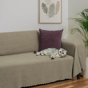 Resim Mikrofiber Şönil Fitilli Minimalist Koltuk Örtüsü -175x300 cm Large, Çift Taraflı, Kaymaz, Terletmez, Kapuçino 