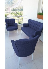Resim Azra Mobilya Çay Seti Koltuk Takımı - Keten Kumaş - Beyaz Ahşap Ayak - Gürgen Iskelet - Mavi Mavi 