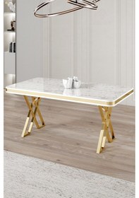 Resim Canisa Vals Serisi 80x130 Lak Panel Beyaz Mermer Desen Masa Takımı Gold Ayaklı 4 Cappucino Sandalye Beyaz Mermer Desen Masa Sandalyeler Cappucino 
