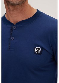 Resim Tudors Erkek Regular Fit Pamuklu Düğmeli Yaka Beli Lastikli Desenli İndigo Pijama Takımı-39789 