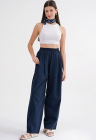 Resim Mixray 4682 Kadın Beli Lastikli Jogger Bol Keten Pantolon Lacivert 