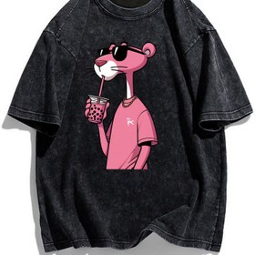 Resim Kadınlar İçin Anime Baskılı Oversize Tişört - Pembe Kedi ve Boba Desenli Siyah Yazlık Kısa Kollu Yuvarlak Yaka Rahat Kesim, Nefes Alabilen Giysi, Eğlenceli Tasarım, Makinede Yıkanabilir, Yıkama Dokulu Üst 