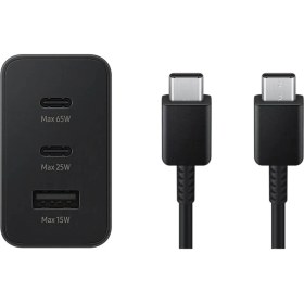 Resim Samsung 3in1 65W 2xpd+Usba 3 Çıkışlı Şarj Aleti + 60W Type-C To Type-C Hızlı Data ve Şarj Kablo 1.8metre Siyah 