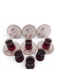 Resim Sudedi Home Osmanlı Desenli Bakır Yaldızlı Bordo Cam Bardaklı Porselen Tabaklı 6 Lı Çay Bardağı Seti Çok Renkli 