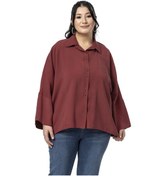 Resim Büyük Beden Düğme Ve Kol Detaylı Kısa Bordo Gömlek Bordo 