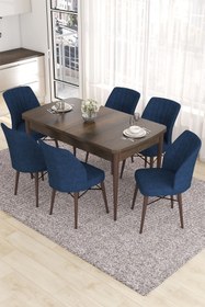 Resim Canisa Eva Serisi 80x132 Açılabilir Mdf Mutfak Masası Takımı Barok Desen Masa 6 Lacivert Sandalye 