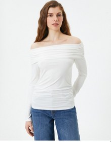 Resim Koton Madonna Yaka Tişört Uzun Kollu Viskoz Kumaş Slim Fit Ekru 4sal10516ık 4SAL10516IK010 Ekru 